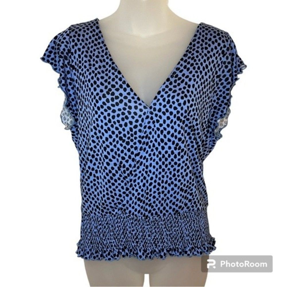 Lascana Blue Printed Smocked Wrap Look Top Size 8/10